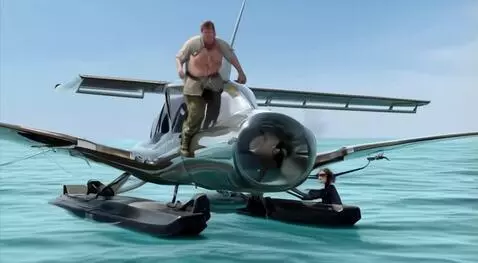 AI Video from prompt: A fat man got on a flying boat and the boat sank