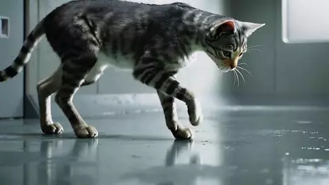AI Video from prompt: A humanoid dark-striped cat enters a cold room w