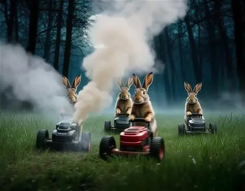 AI Video from prompt: один из зайцев заводит газонокосилку, из неё выл
