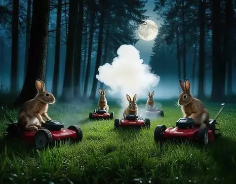 AI Video from prompt: один из зайцев заводит газонокосилку, из неё выл