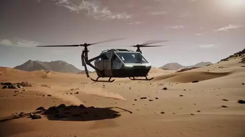 AI Video from prompt: Cybertruck-helicopter flies over the sandy sands