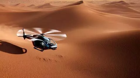 AI Video from prompt: Cybertruck-helicopter flies over the sandy sands