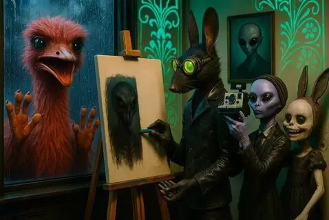 AI Video from prompt: The rat draws on the canvas. The Alien takes a p