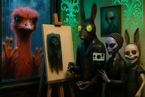 AI Video from prompt: The rat draws on the canvas. The Alien takes a p