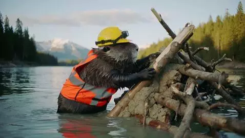 AI Video from prompt: бобёр в строительной жилетке и каске достраивает