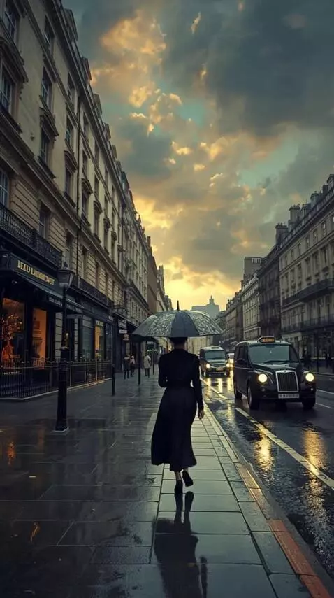 AI Video from prompt: It's raining, a woman is walking away along the 