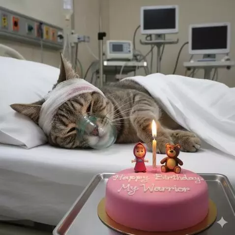 AI Video from prompt: The injured cat begins to cry softly, tears stre