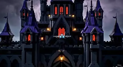 AI Video from prompt: Odrzutowiec Lego wlatuje do środka zamku rozbija