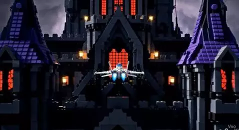 AI Video from prompt: Odrzutowiec Lego wlatuje do środka zamku rozbija