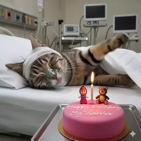 AI Video from prompt: The injured cat begins to cry, tears streaming f