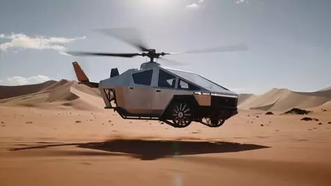 AI Video from prompt: In a futuristic scene, a sleek Cybertruck-helico