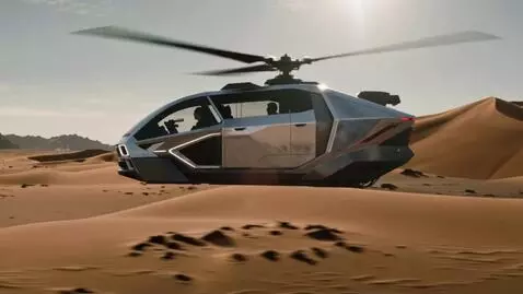 AI Video from prompt: In a futuristic scene, a sleek Cybertruck-helico