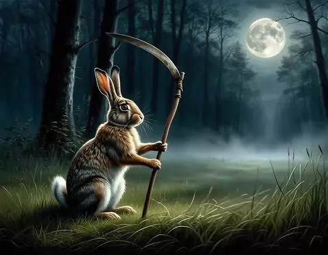 AI Video from prompt: заяц косит траву перед собой, камера показывает 