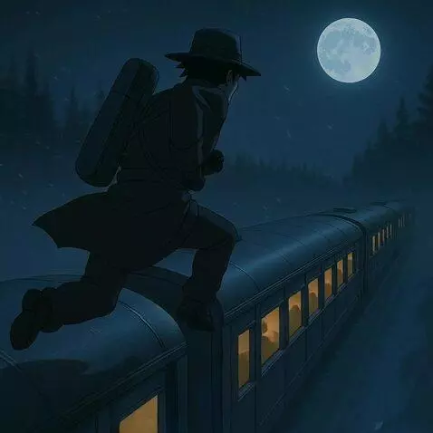 AI Video from prompt: A man in a black coat runs along the roofs of th