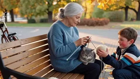 AI Video from prompt: A grandmother in a blue sweater is knitting a sc
