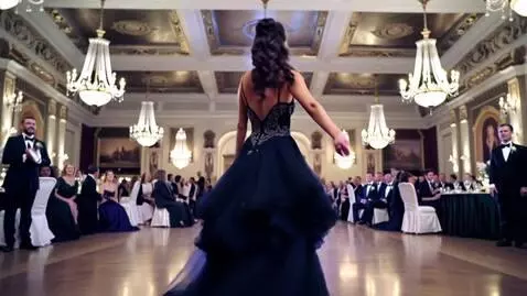 AI Video from prompt: Cinematic slow-motion shot, elegant woman in a g