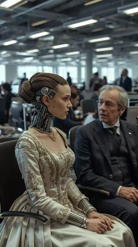 AI Video from prompt: A large modern office space, people working at c