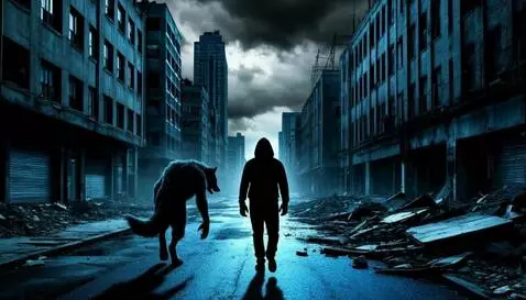 AI Video from prompt: The man and black werewolf walk to the horizon