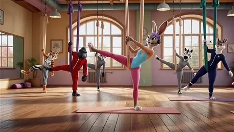 AI Video from prompt: Уютный спортивный зал  идёт тренировка в гамаках