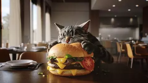 AI Video from prompt: A humanoid dark-striped cat proudly lifts a huge