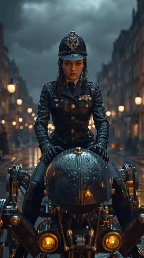 AI Video from prompt: A female police officer rides a drone down the s