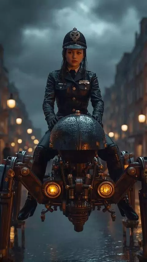 AI Video from prompt: A female police officer rides a drone down the s