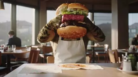 AI Video from prompt: A humanoid dark-striped cat proudly lifts a huge