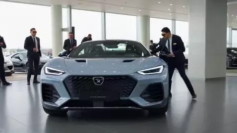 AI Video from prompt: Человек-панда заходит в автосалон будущего, сади