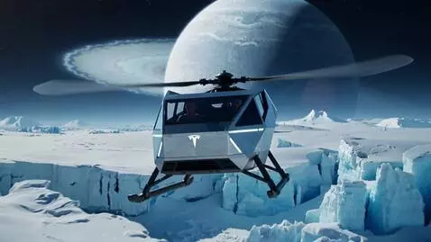 AI Video from prompt: A Cybertruck-helicopter flies over the icy snowy