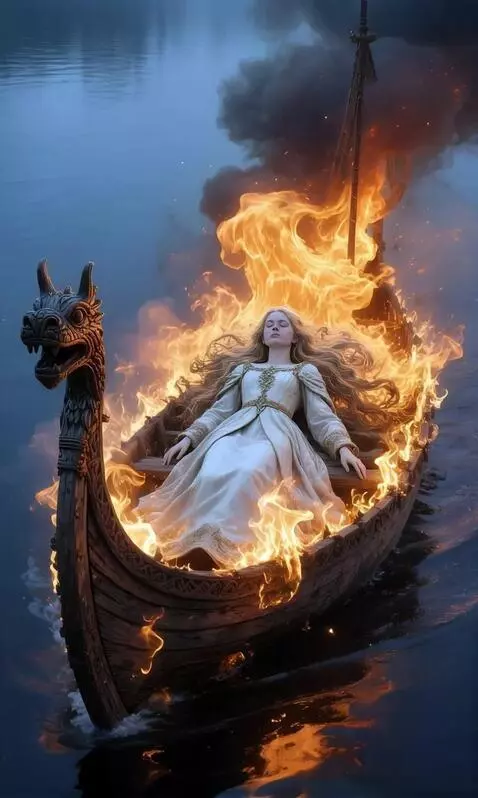 AI Video from prompt: A boat engulfed in flames floats on the water.