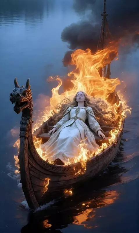 AI Video from prompt: A boat engulfed in flames floats on the water.