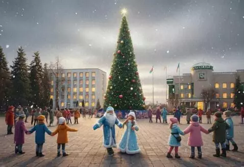 AI Video from prompt: Оживи фото. Ходит дед мороз и снегурочка дарят п