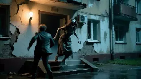 AI Video from prompt: A terrifying, distorted female figure emerging f