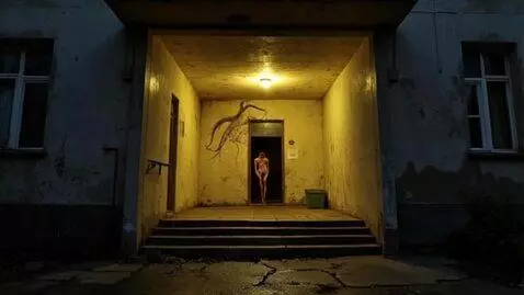 AI Video from prompt: A terrifying, distorted female figure emerging f