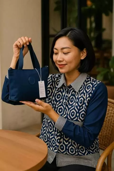 AI Video from prompt: Model mereview tas dan memamerkan tas. model tet