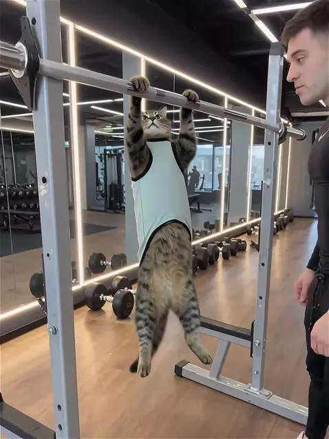 AI Video from prompt: Реалистичное видео в спортивном зале. Кот в лёгк