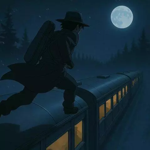 AI Video from prompt: A man in a black coat runs along the roofs of th