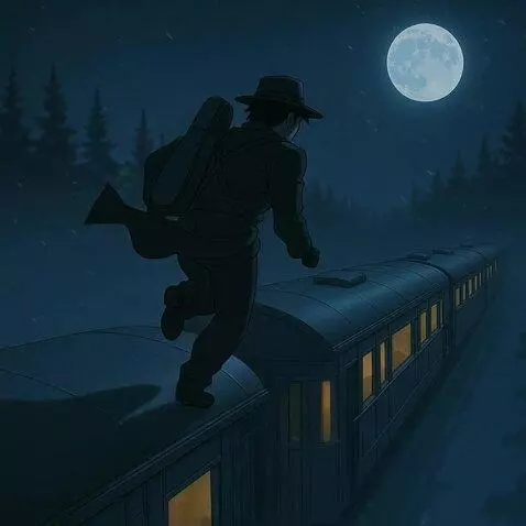 AI Video from prompt: A man in a black coat runs along the roofs of th