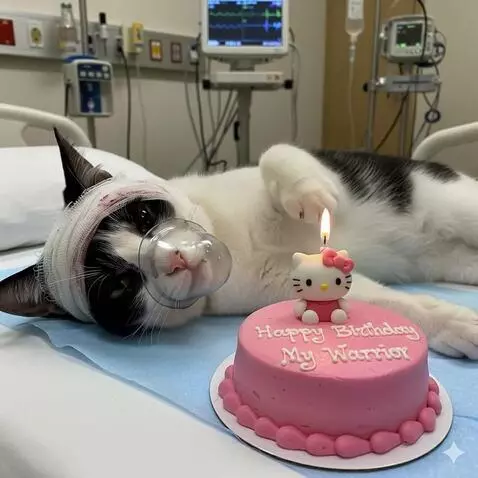 AI Video from prompt: The injured orange tabby cat begins to cry softl