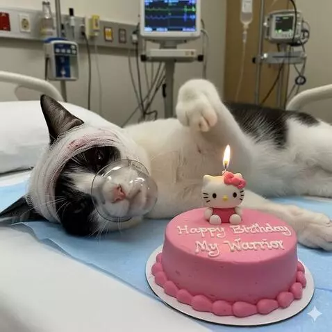 AI Video from prompt: The injured  cat begins to cry softly, tears str