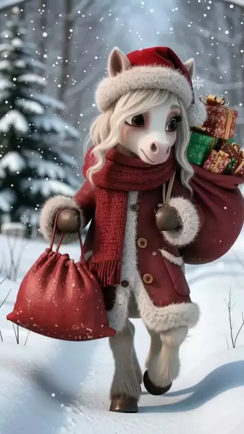 AI Video from prompt: Лошадь идет в зимнем лесу и несёт мешок подарков