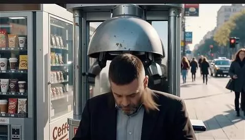 AI Video from prompt: На оживленной улице среди автоматов для кофе, дл