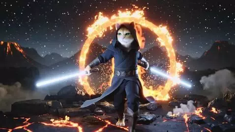 AI Video from prompt: могучий кот-джедай с синим световым мечом выходи