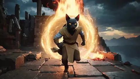 AI Video from prompt: могучий кот-джедай с синим световым мечом выходи