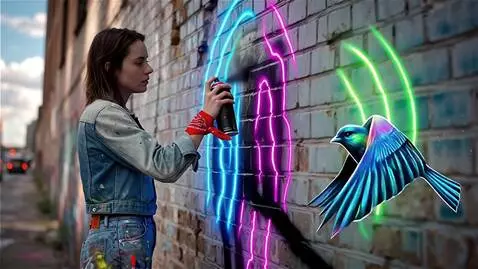 AI Video from prompt: A 5-second cinematic video. A young street artis