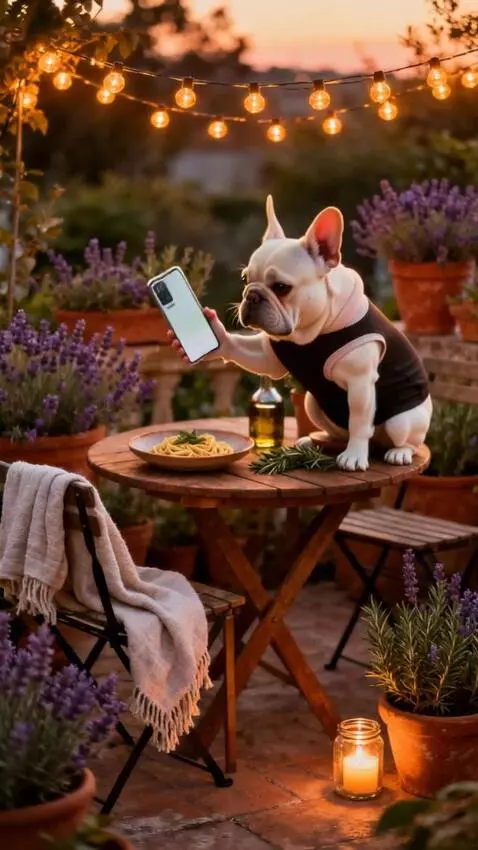 AI Video from prompt: Французский бульдог в дизайнерском наряде садитс