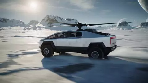 AI Video from prompt: In a futuristic scene, a Cybertruck-helicopter f