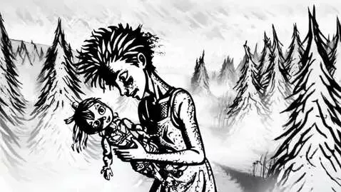 AI Video from prompt: странная девочка  прижимает  сломанную куклу к с