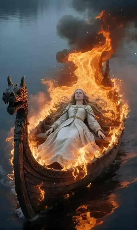 AI Video from prompt: The flames engulf the funeral boat with the body