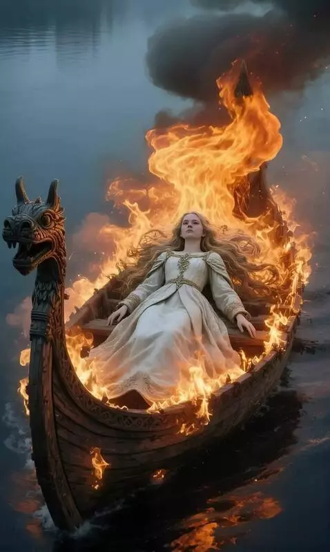 AI Video from prompt: Огонь усиливается, поглощая погребальную ладью с
